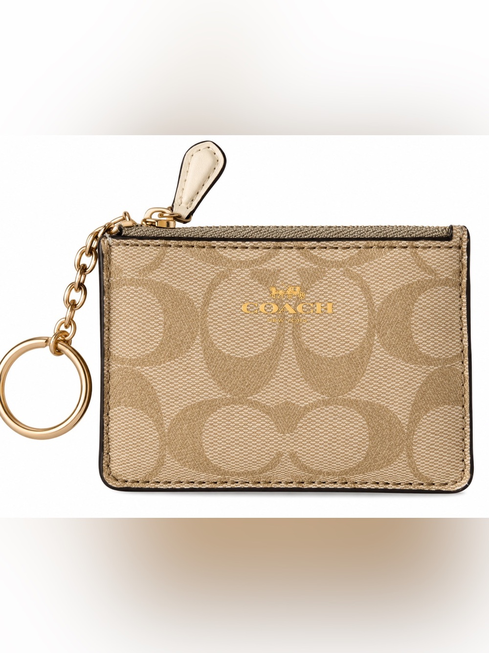 Coach Signature Canvas Zip Card Case Keyring in Khaki/Gold